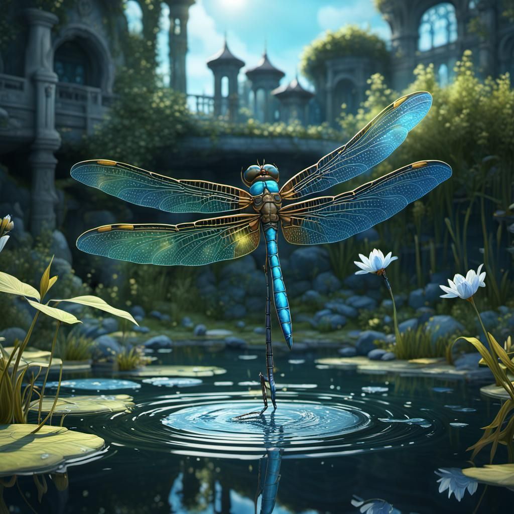 Dragonfly Art Nouveau by Pond in Sunlight