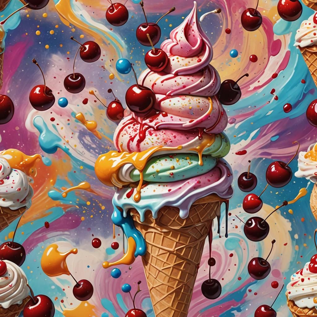 Colorful Ice Cream Cone in Oil Paint Texture