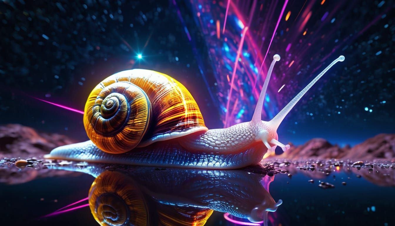 Psychedelic Laser Snail on Glowing Meteor in Deep Space