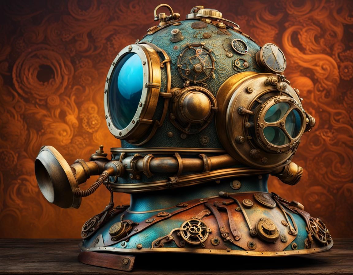 Steampunk Sea Diver with Ornate Brass Helmet