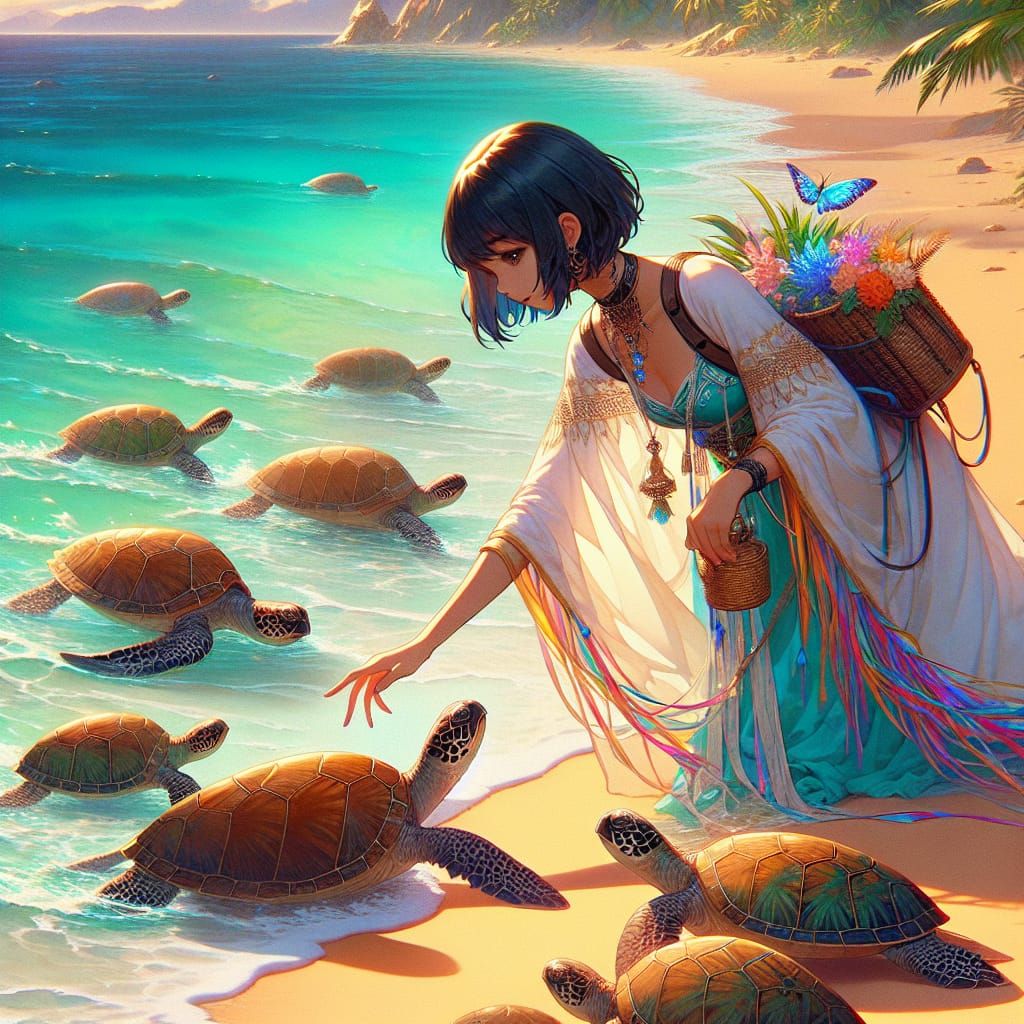 Anime Beach Scene: Woman and Turtles in Vibrant Colors