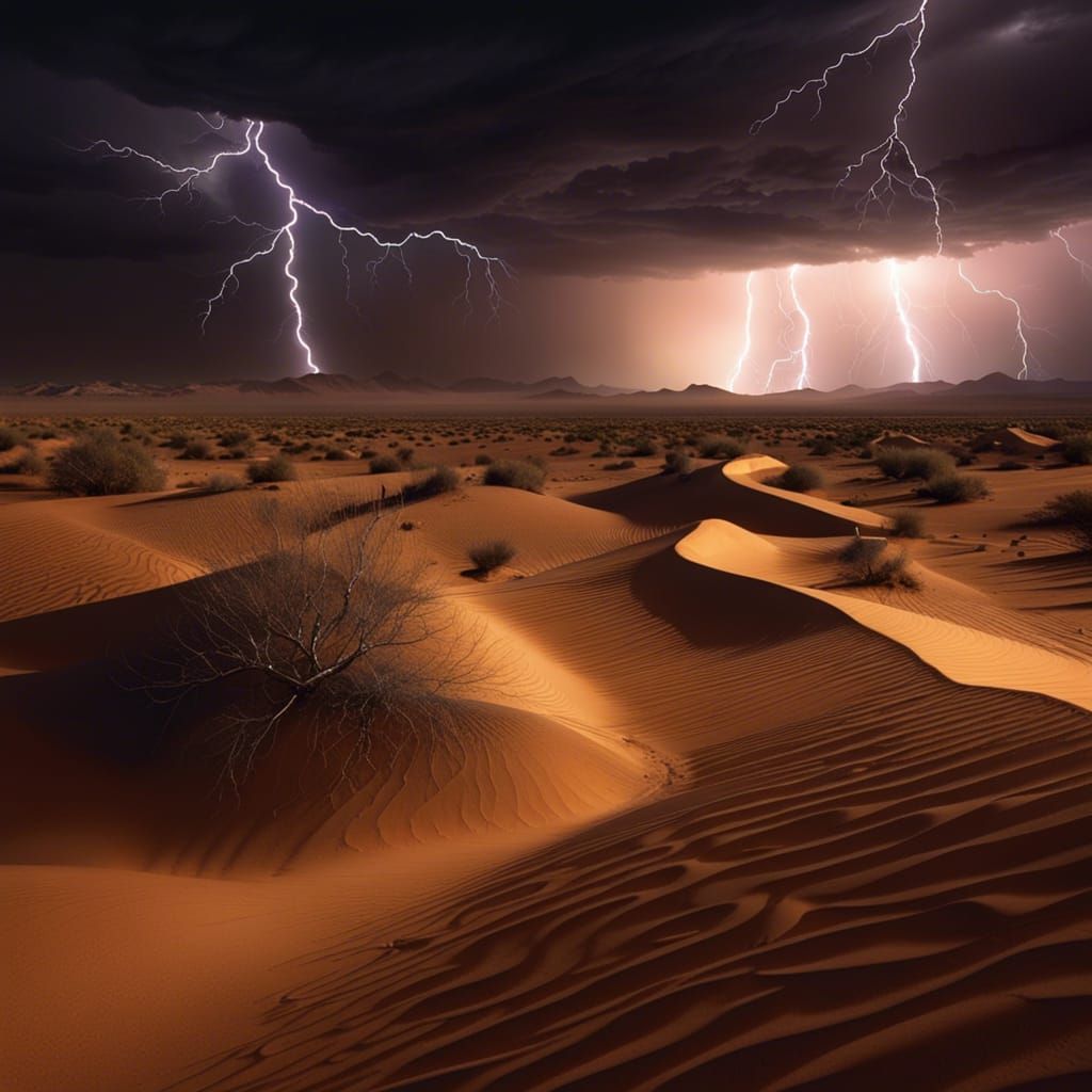 Dramatic Desert Lightning Storm at Night