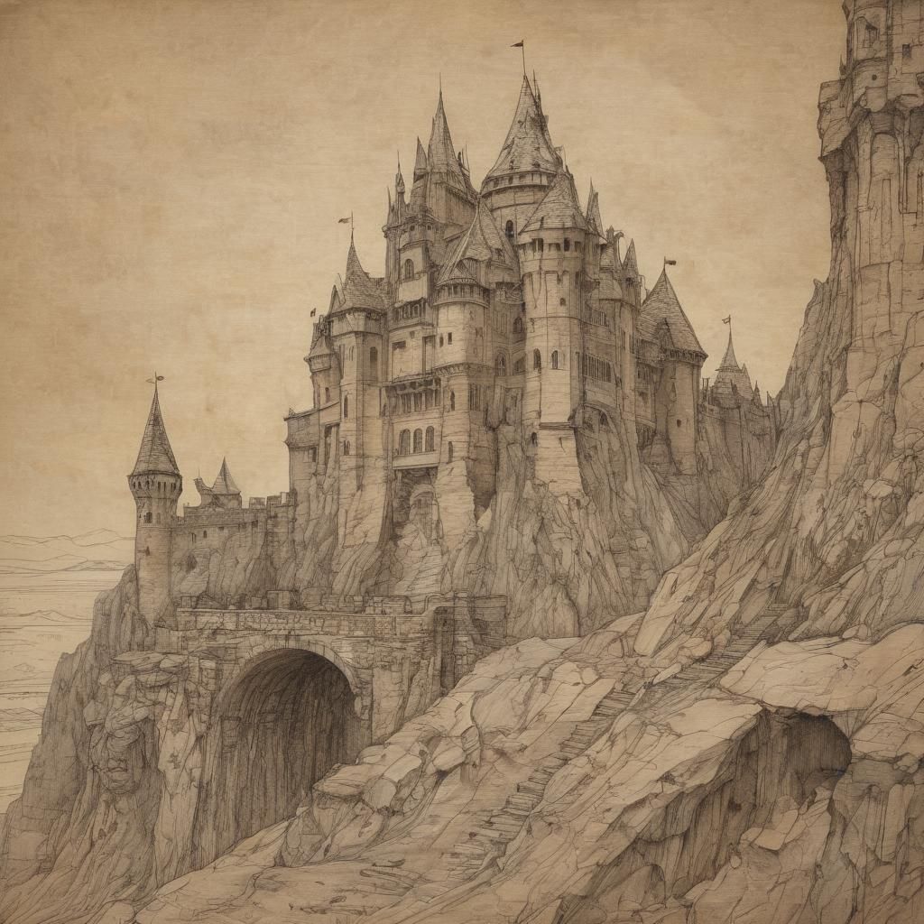 Surreal Castle Sketch in Warm Earth Tones