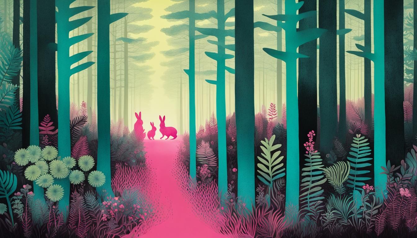 Psychedelic Forest Vanishing Point in Cyanotype Style