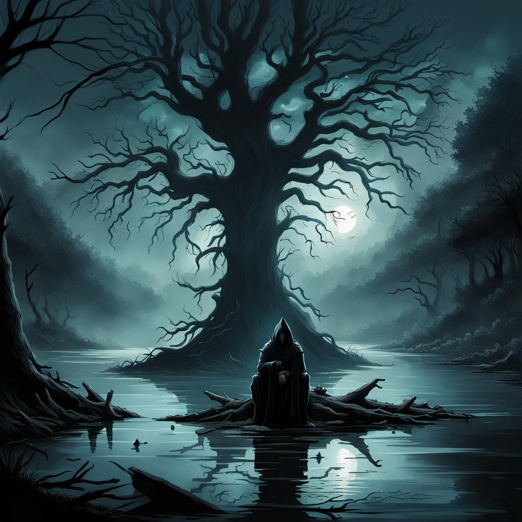 Hooded Figure in Dark Fantasy Landscape