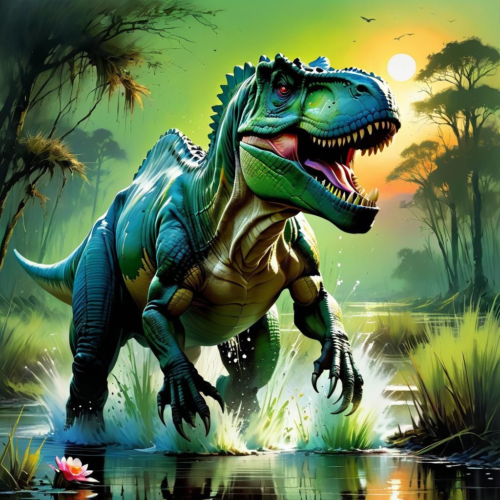 Green T-Rex Splashing in Prehistoric Sunset