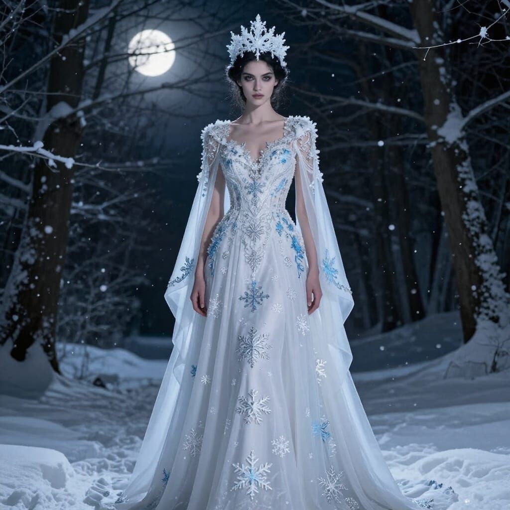 Ethereal Winter Haute Couture Model in Moonlit Woods