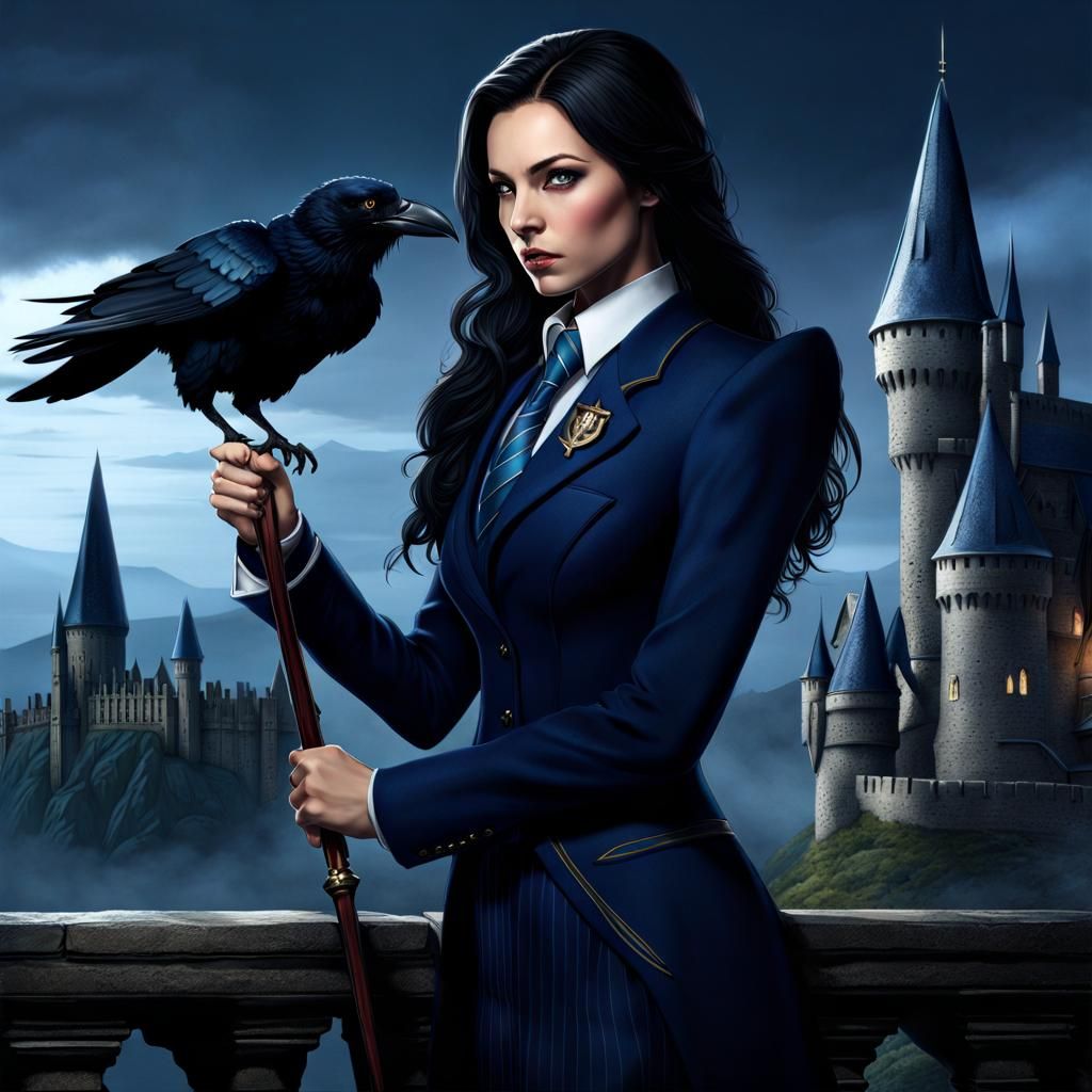 Beautiful Sorceress with Raven in Hyperrealistic Style