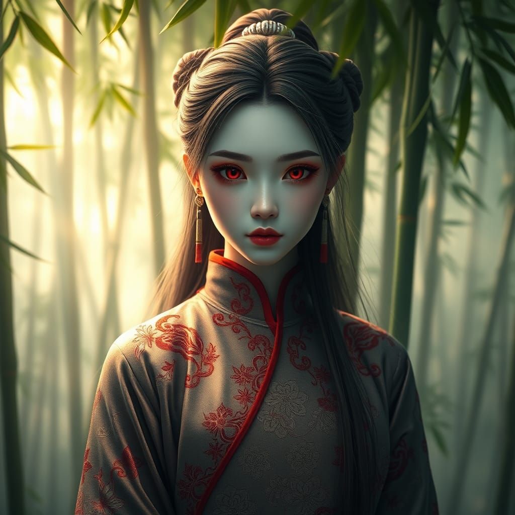 Albino Woman in Hanfu Amidst Misty Bamboo Forest