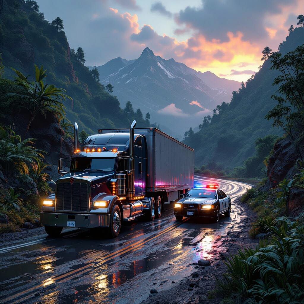 Semi Truck and Police Car on Mountain Road