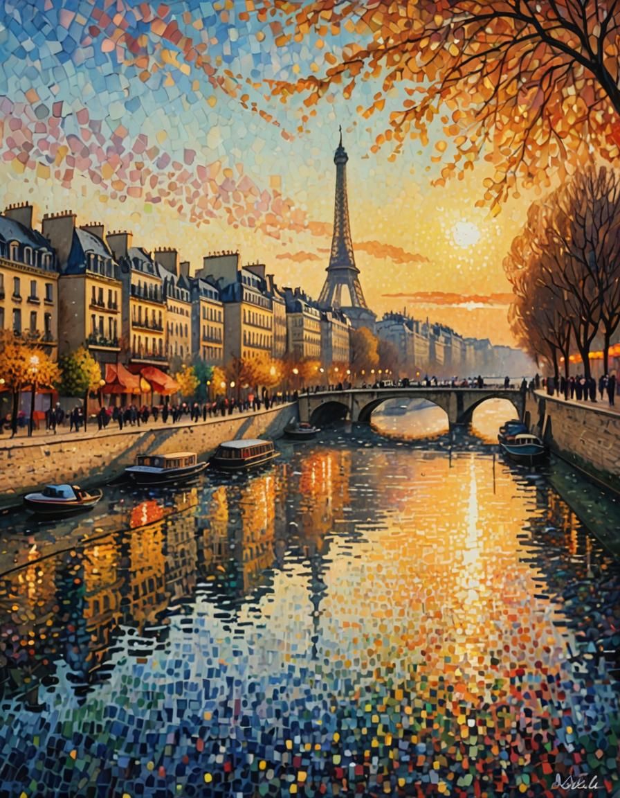 Paris Cityscape in Impressionist Pointillism Style