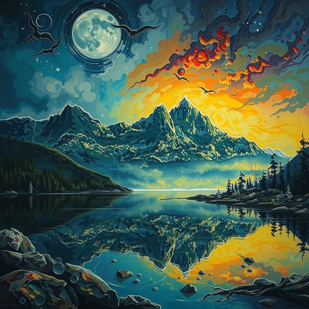 Expressionist Mountain Lake Storm Scene with Vivid Colors