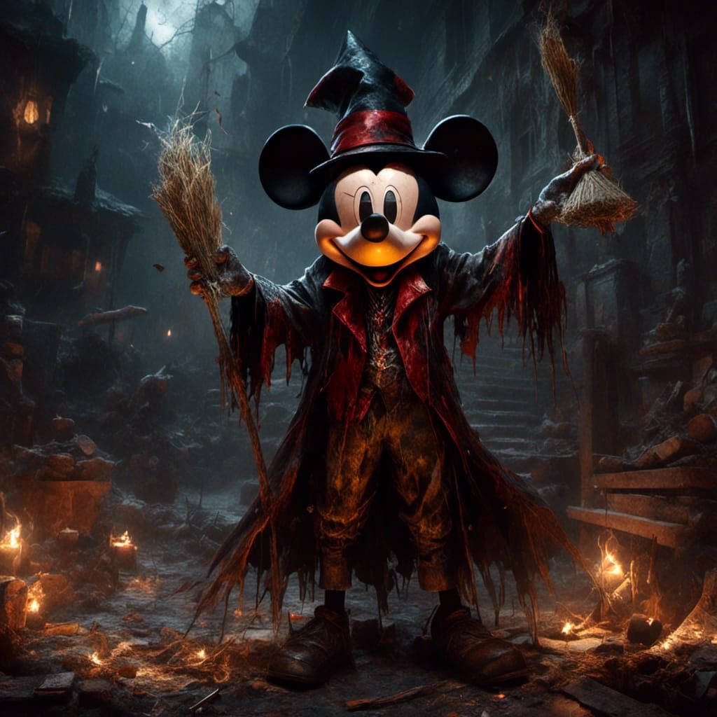Mickey Mouse as Sorcerer's Apprentice: Dark Fantasy Art