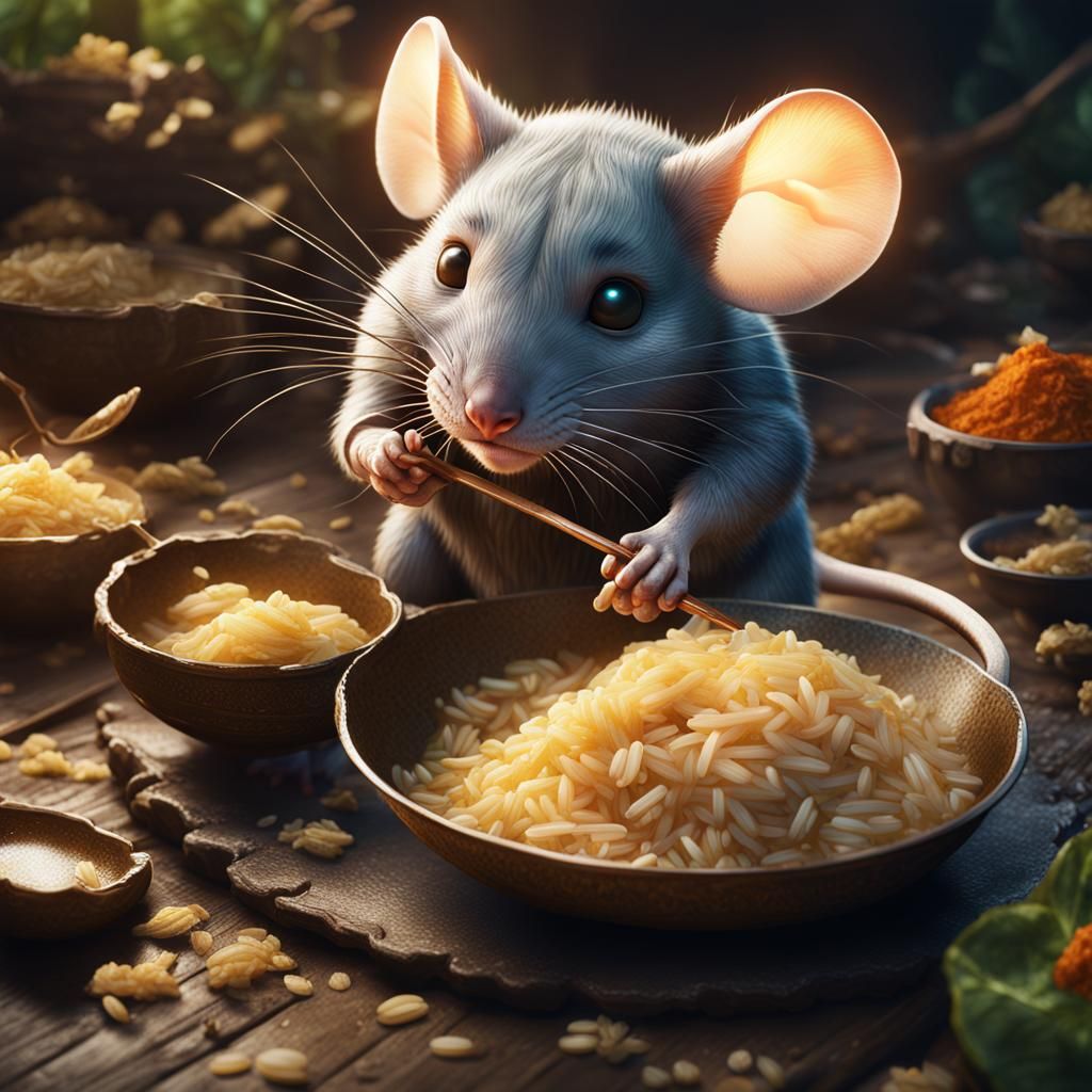 Mouse Eating Rice: Detailed Matte Painting