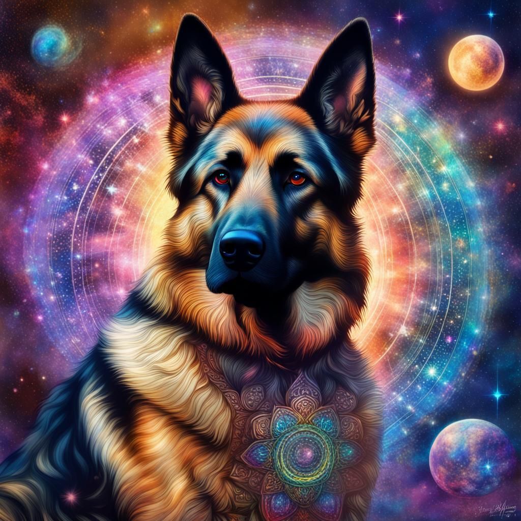 Holographic German Shepherd in Pablo Amaringo Style