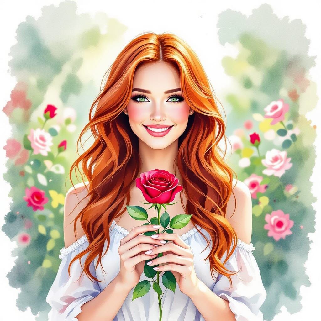 Woman with Rose in Watercolor Alcohol Ink Style