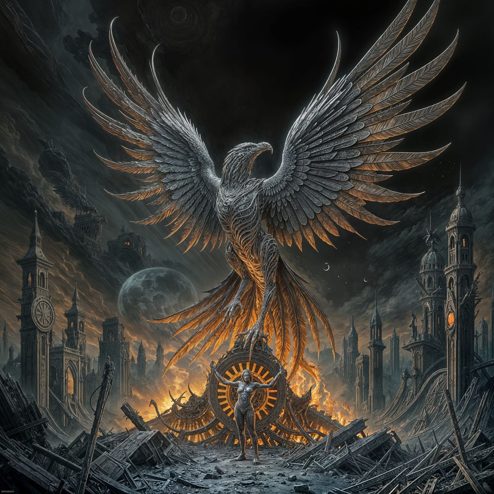 Biomechanical Phoenix Rising from Post-Apocalyptic Wasteland
