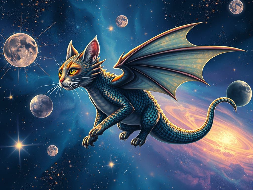 Majestic Cat-Dragon Soars Through Cosmic Nebula