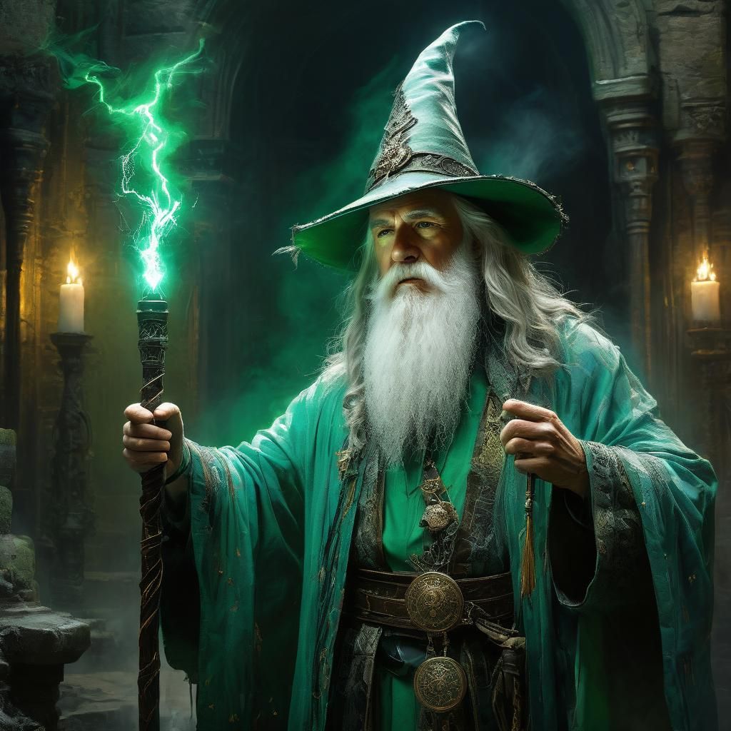 Old Wizard Casting Lightning in Dungeon Painting