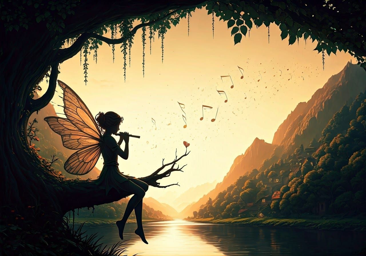 Fairy Silhouette Playing Flute Over River, Digital Art