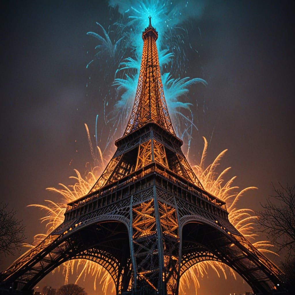 Eiffel Tower Made of Neon Feathers in Futuristic Sci-Fi Art