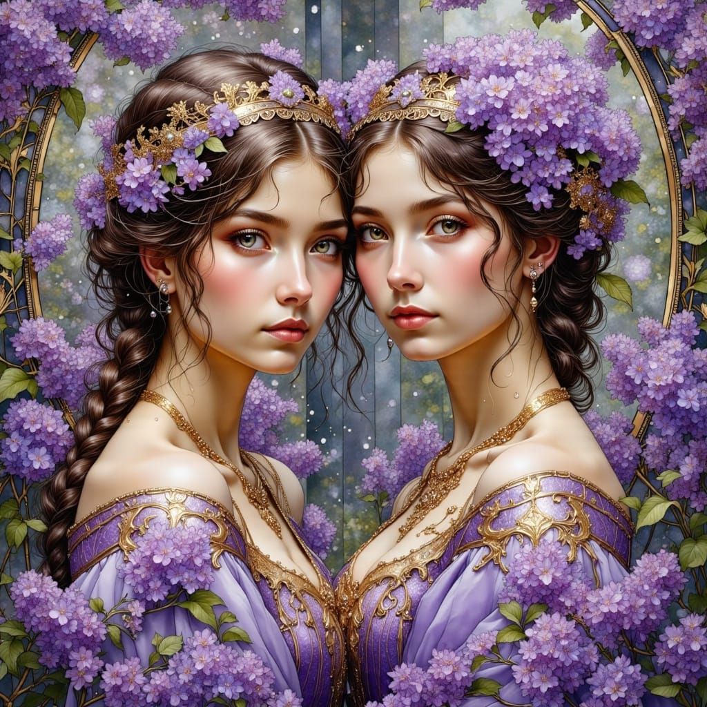 Sisters in Lilac: Medieval Portrait with Gold Trimmings