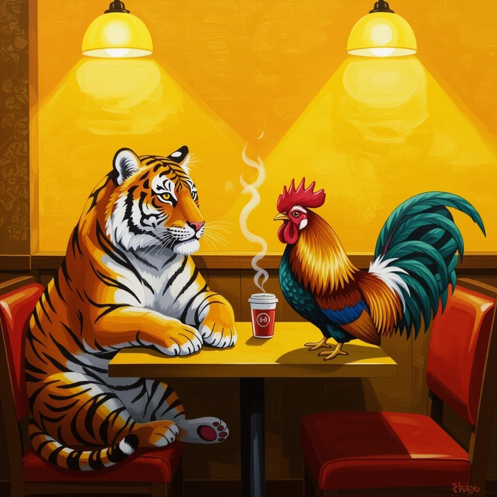 Tiger and Rooster in Cafe, Realistic Painting
