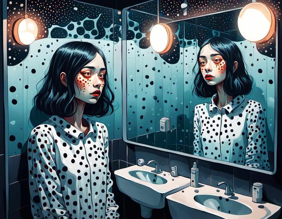 Girl in Polka-Dot Restroom: Surreal Mixed-Media Illustration