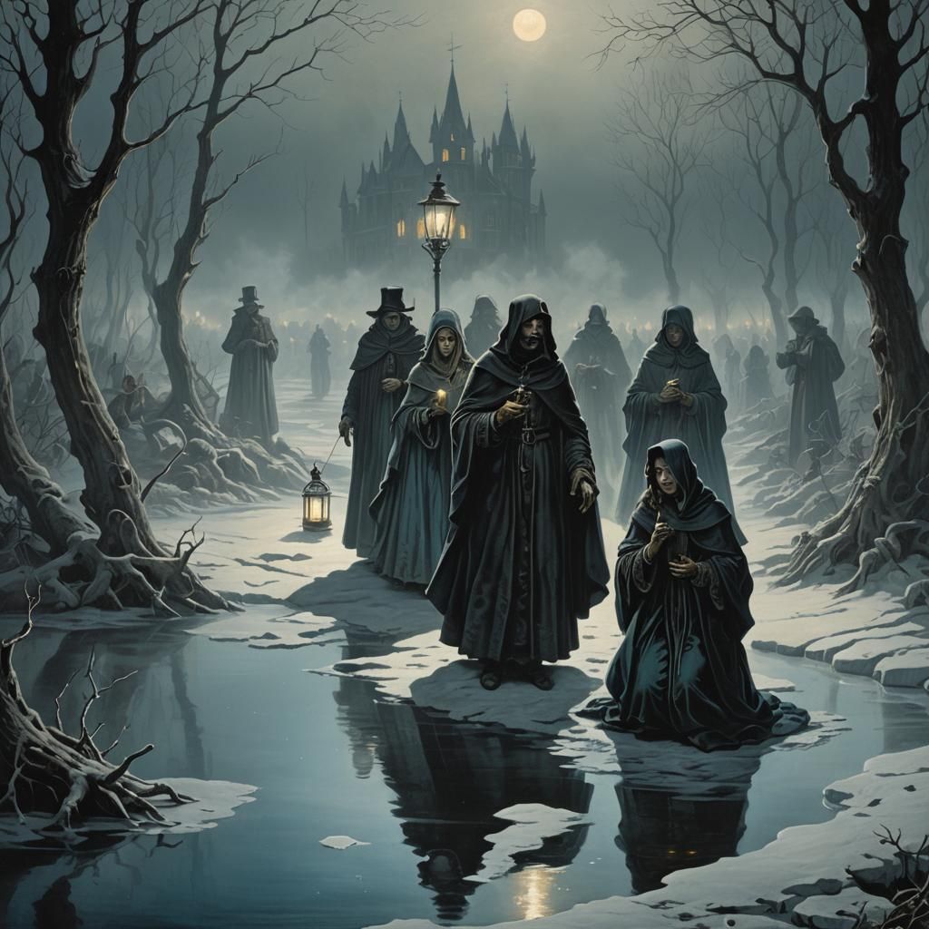 Christmas Carolers on Thin Ice in Dark Romanticism Style