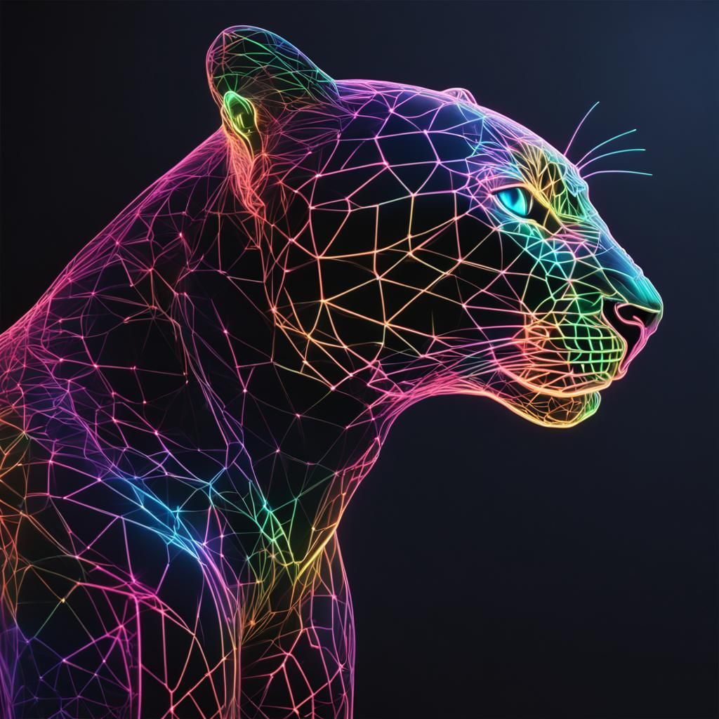 Rainbow Neon Panther in Ethereal Wireframe