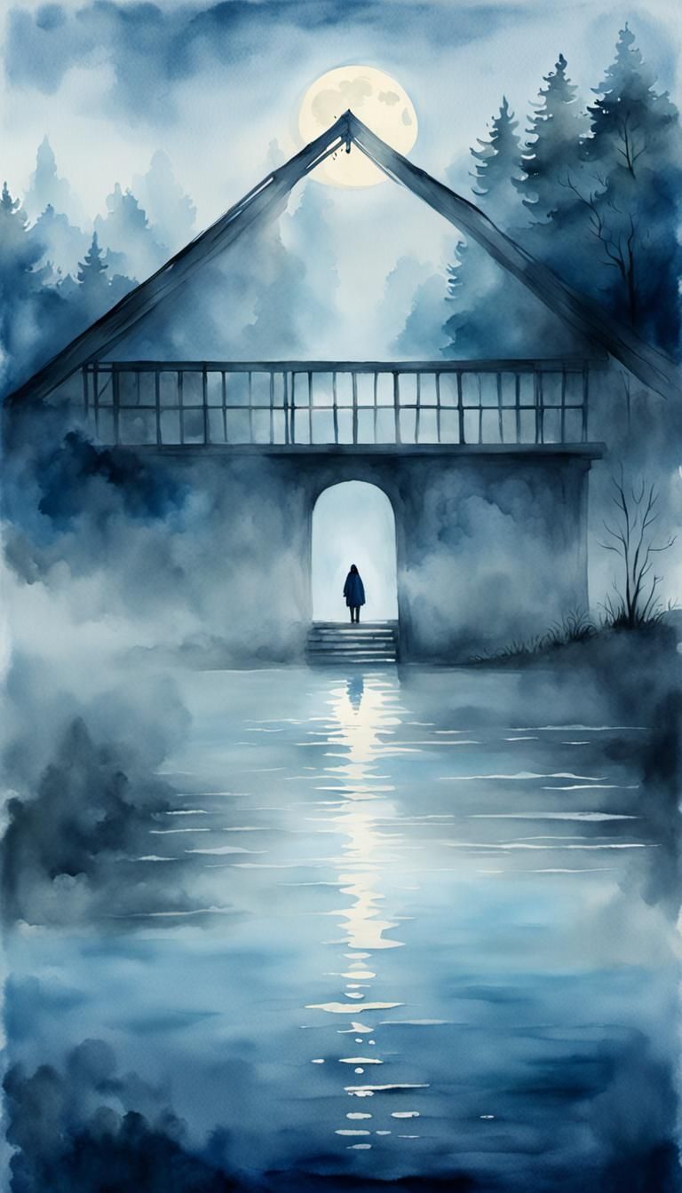 Mystical Hooded Figure at Misty Lake, Aquarelle Painting