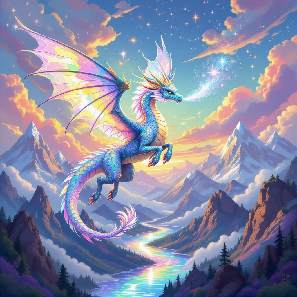 Crystal Dragon Soaring in Rainbow Landscape