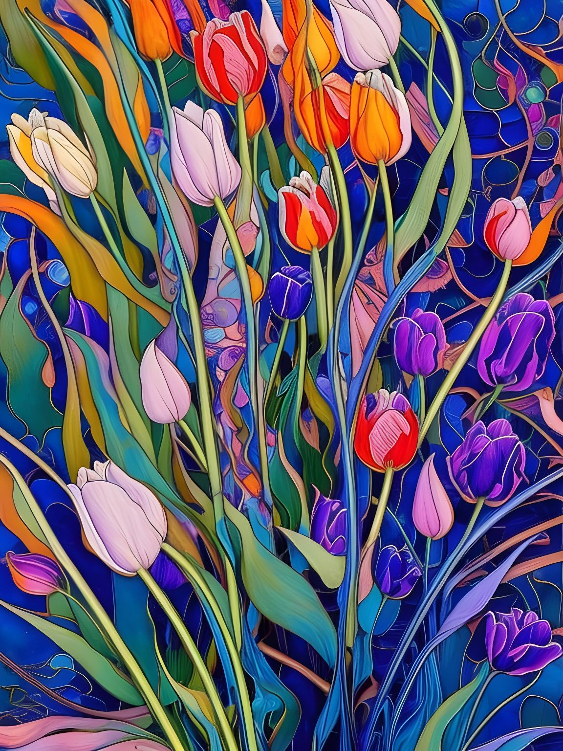 Liquid Tulips and Lilies in Stained Glass Style