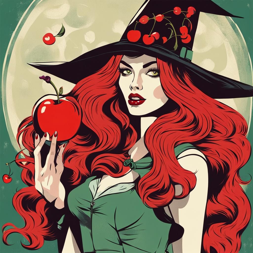 Mid-Century Pop Art Witch Biting a Cherry