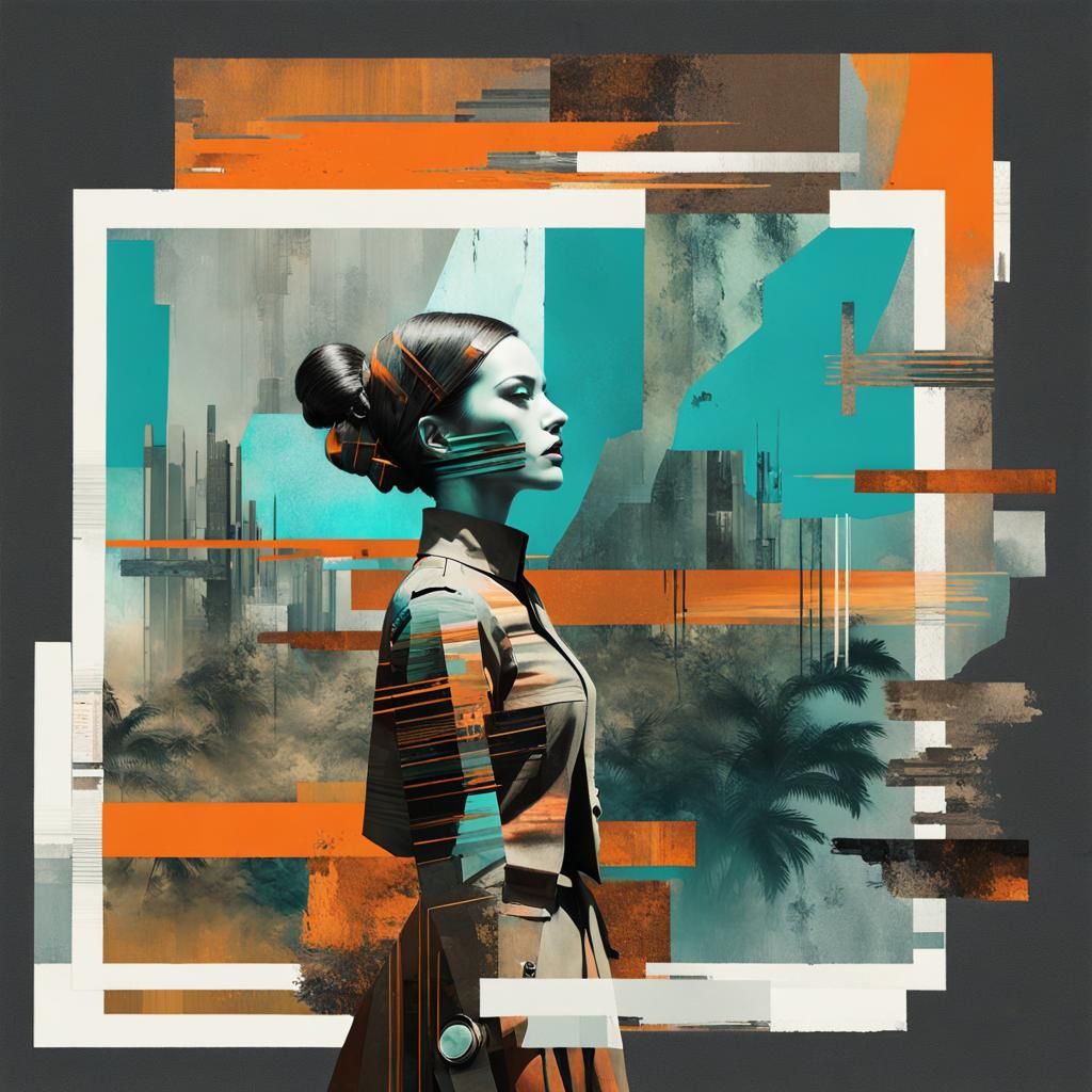 Glitch Art Dieselpunk Woman in Dystopian Jungle