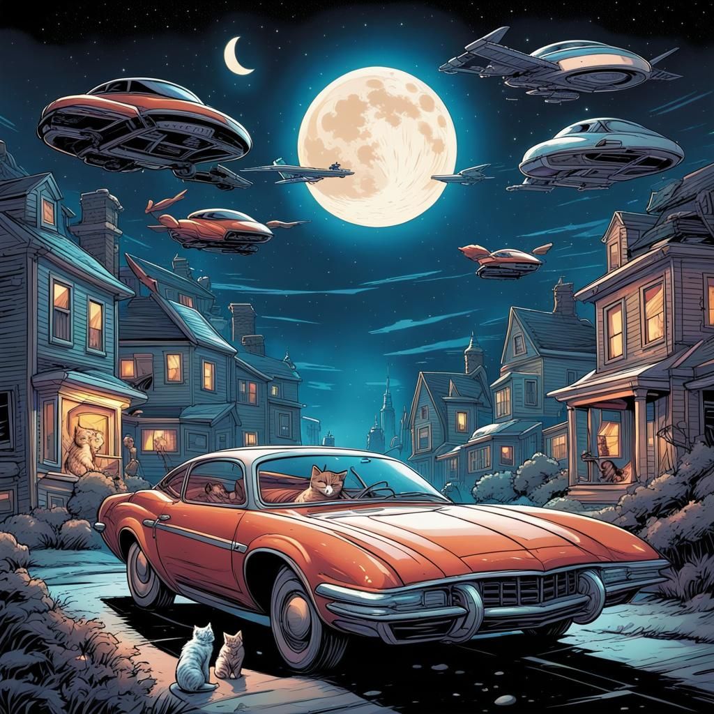 Stars, Moon, and Flying Cars with Cats