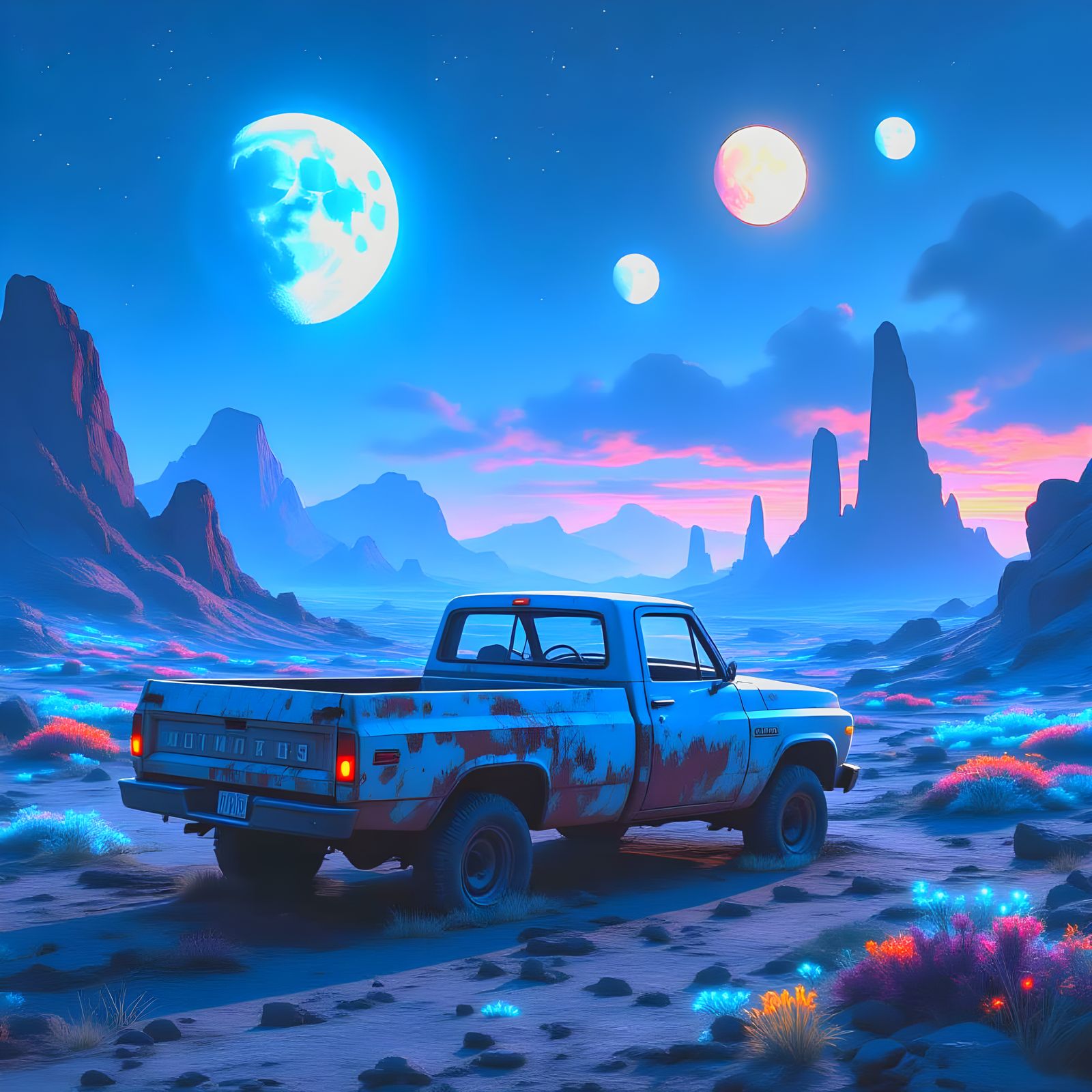 Alien Pickup Truck on Desolate Planet with 6 Moons