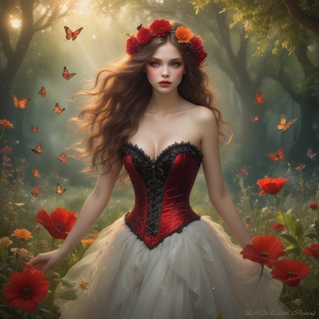 Fairy in Velvet Dress Dancing in Moonlit Garden