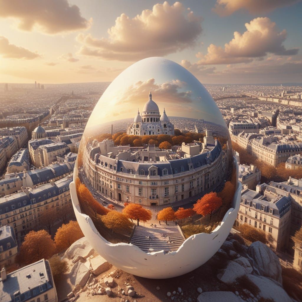 Surreal Panoramic View of Sacré-Cœur in Egg