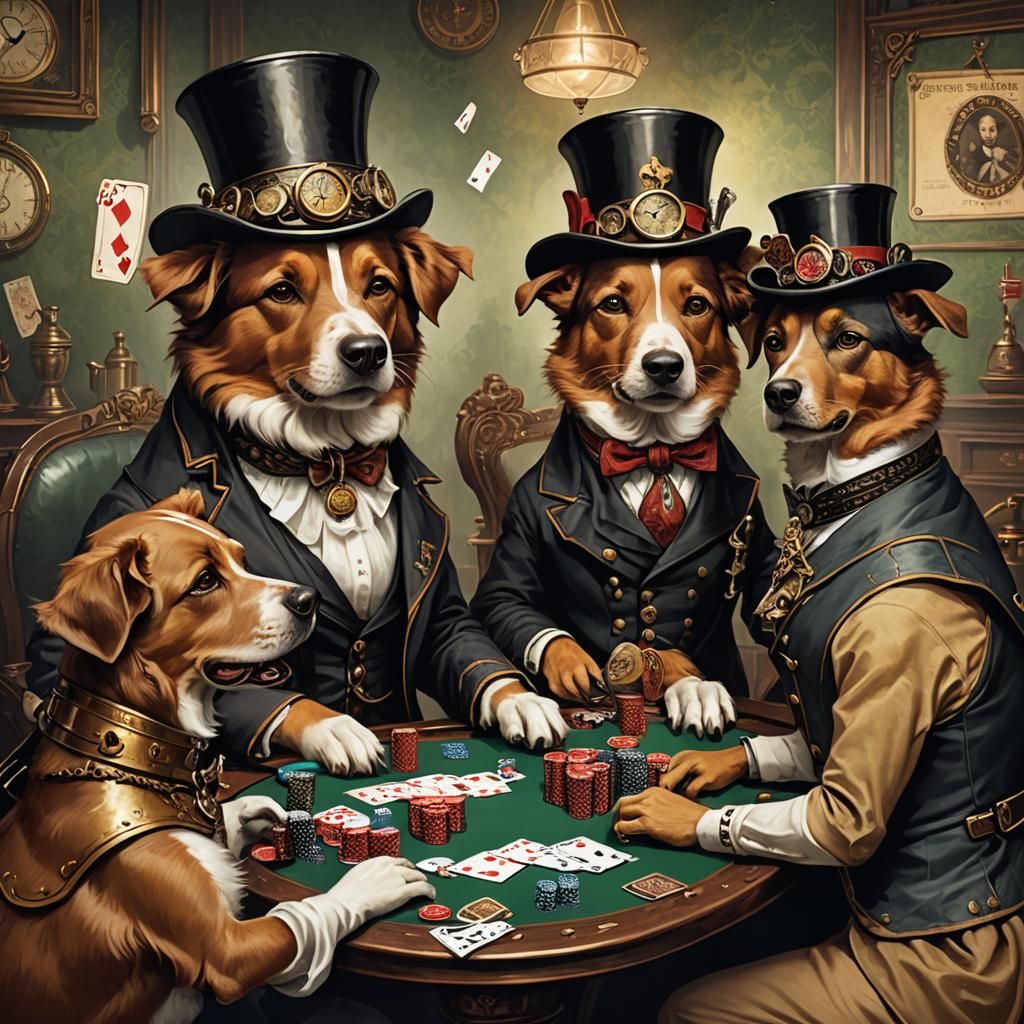 Steampunk Dogs Playing Poker in Victorian Era