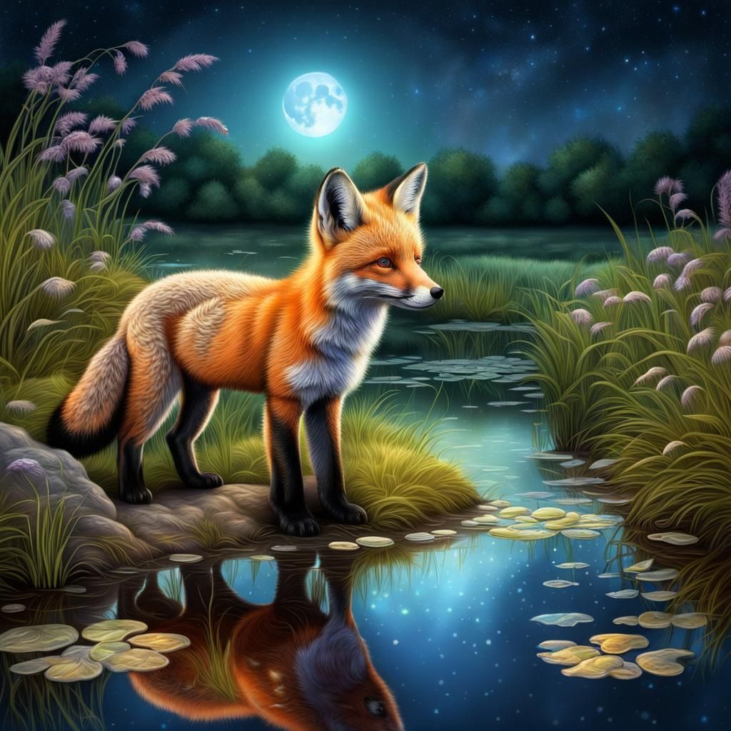 Fox Pup in Iridescent Moonlit Meadowland