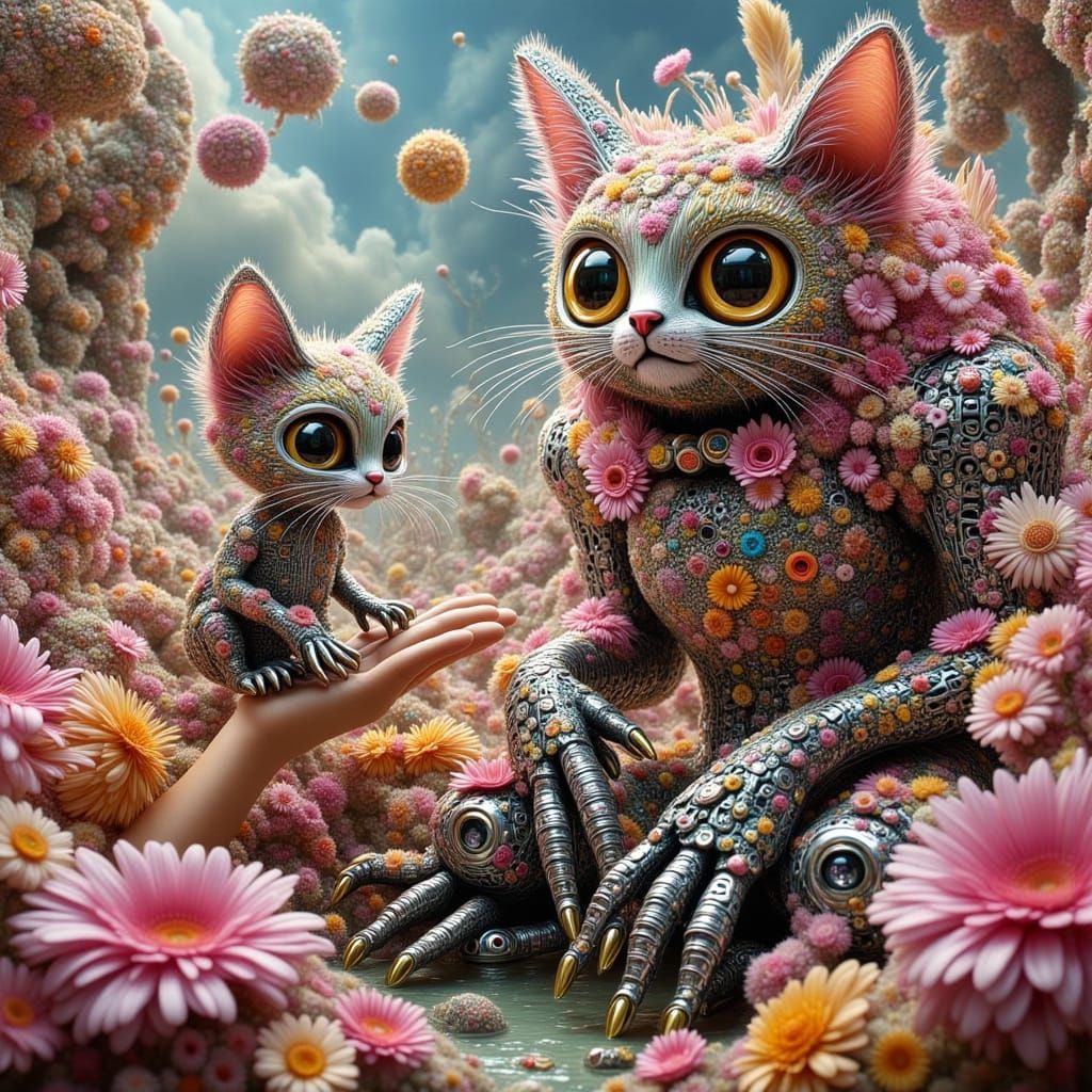 Cute Kitten Meets Flower Robot in Surreal Oil Slick