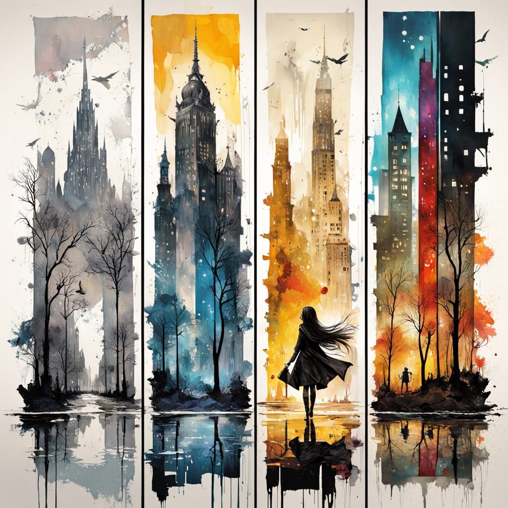 Four Seasons Cityscape in Watercolor and Ink