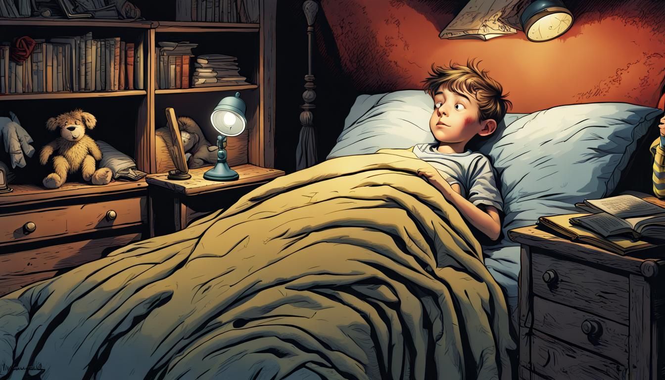 Boy Reading Comics Under Blanket in Classic Style