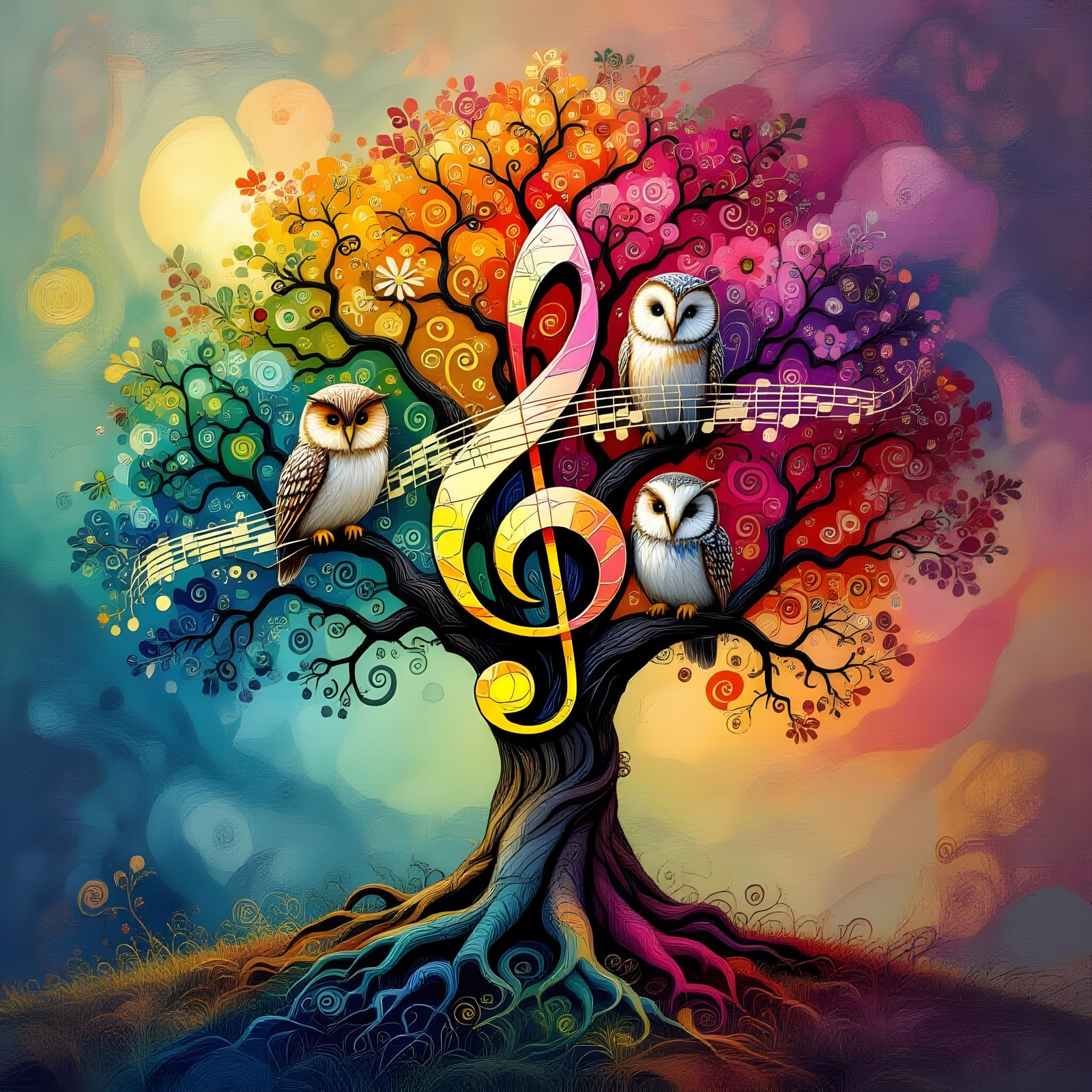 Surreal Tree of Music Notes with Owls