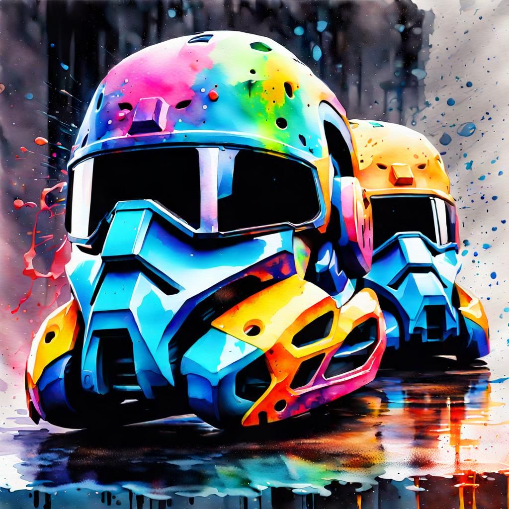 Futuristic Battle Helmets in Watercolour Splash Art