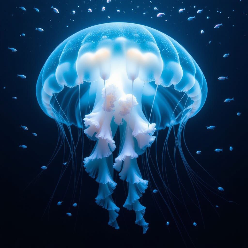 Bioluminescent Jellyfish in Deep Sea Darkness