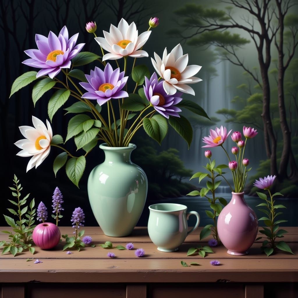 Misty Waterfall Landscape in Dreamy Watercolor Style