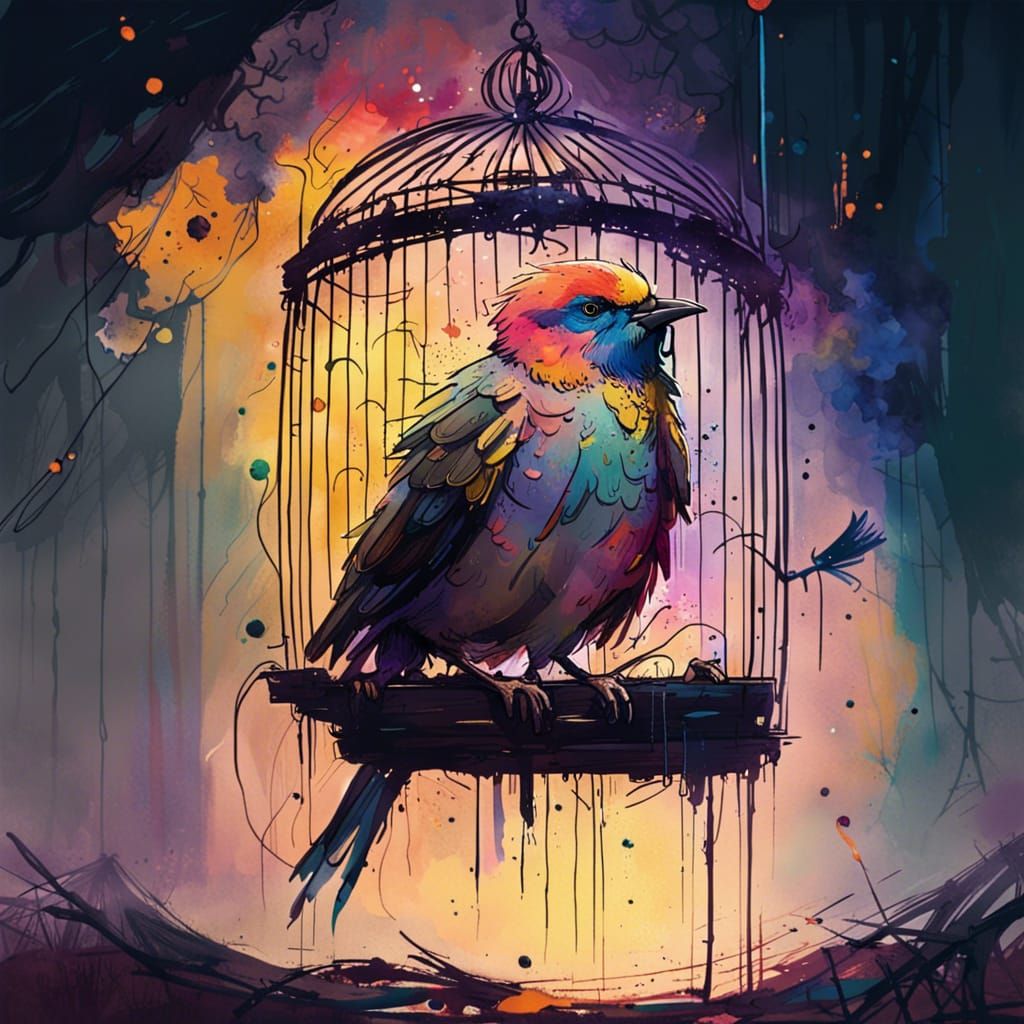 Sad Bird Trapped in Cage Watercolor Painting