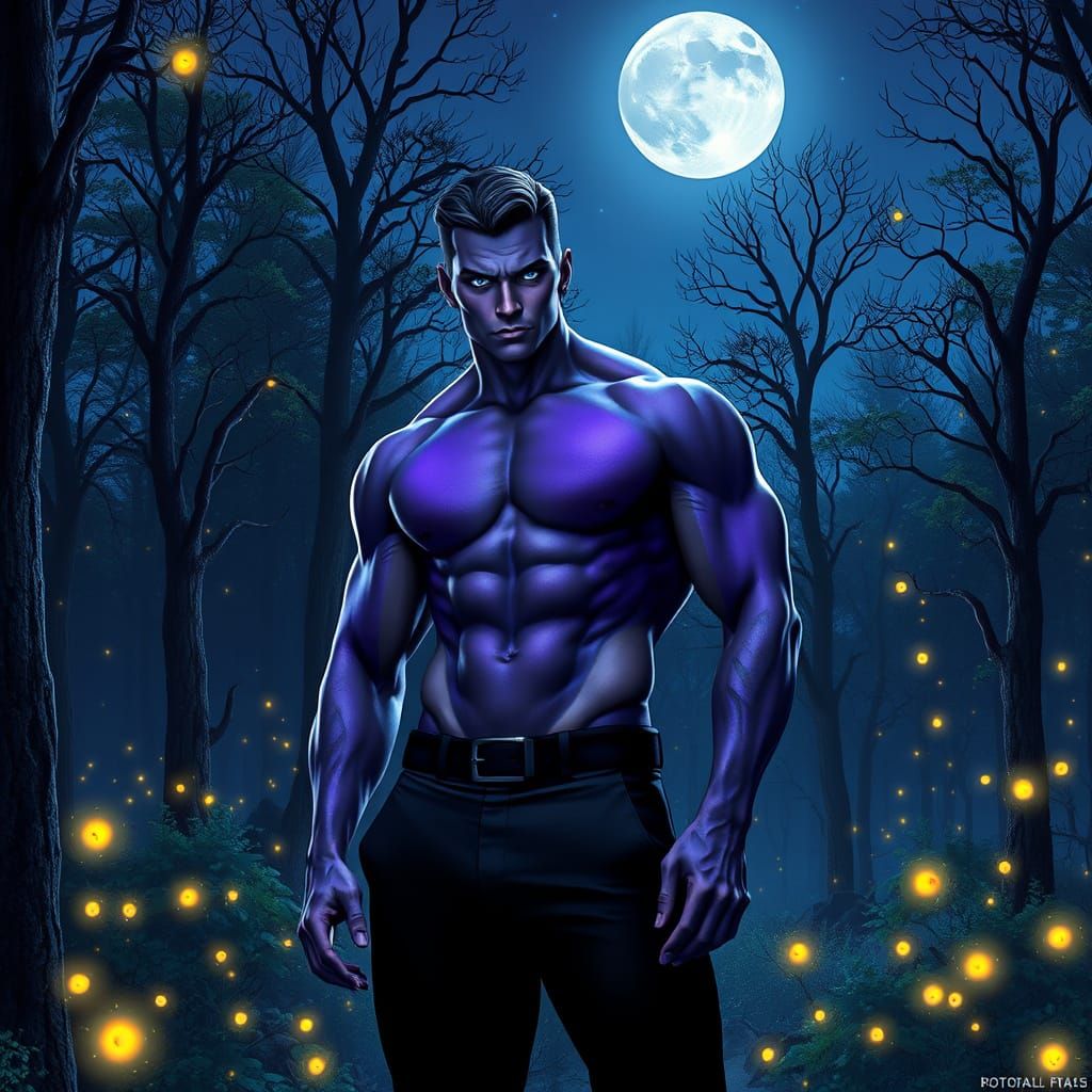 Regal Purple Man Amidst Whimsical Forest, Fireflies and Full...